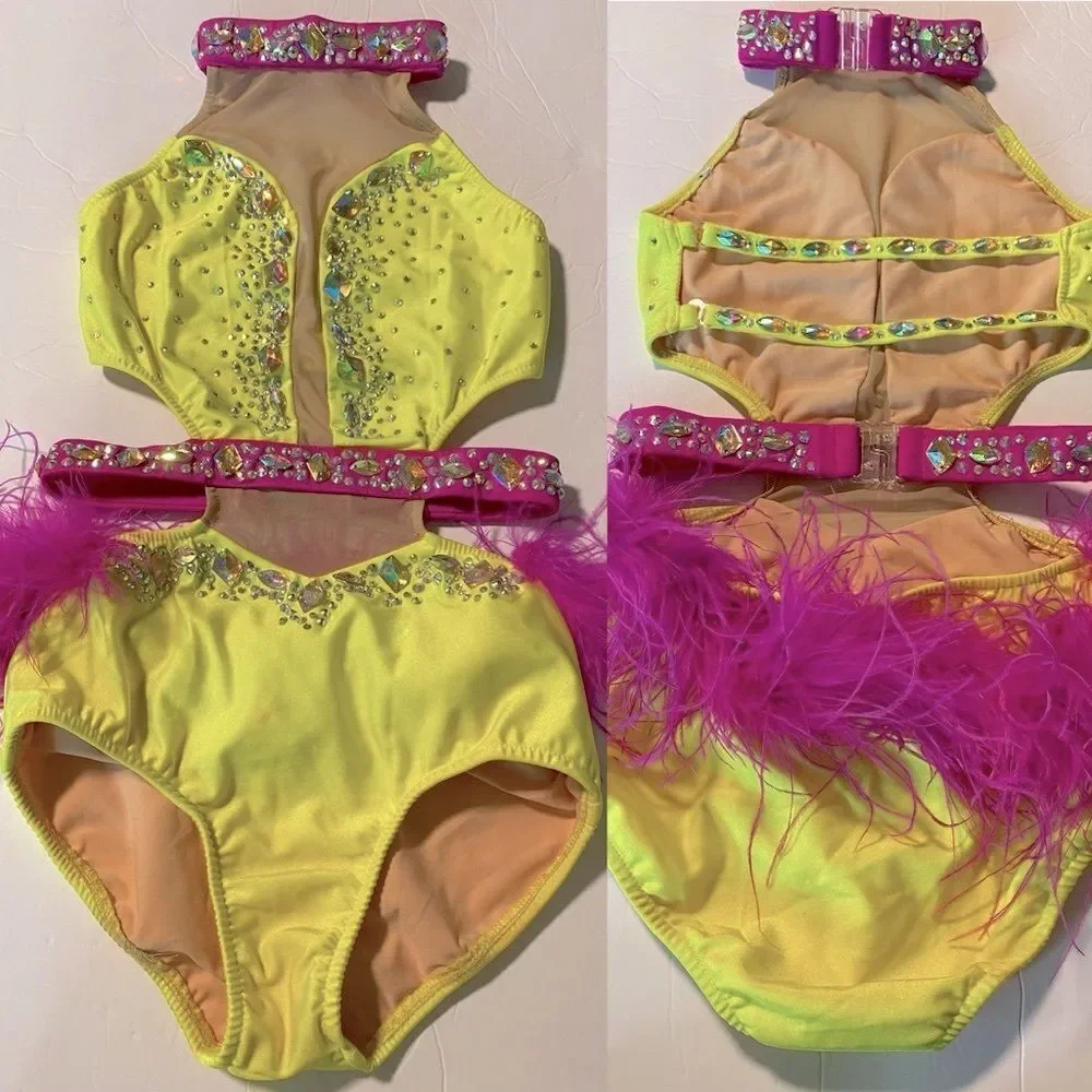 Glamour competition, solo dance costume neon   Feather illusion sassy jazz LC